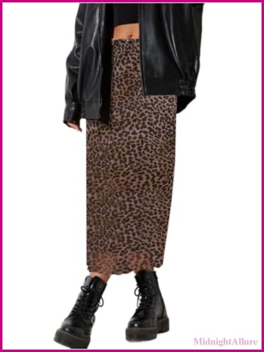 High Waisted A-Line Midi Skirt with Leopard Print and Lettuce Trim